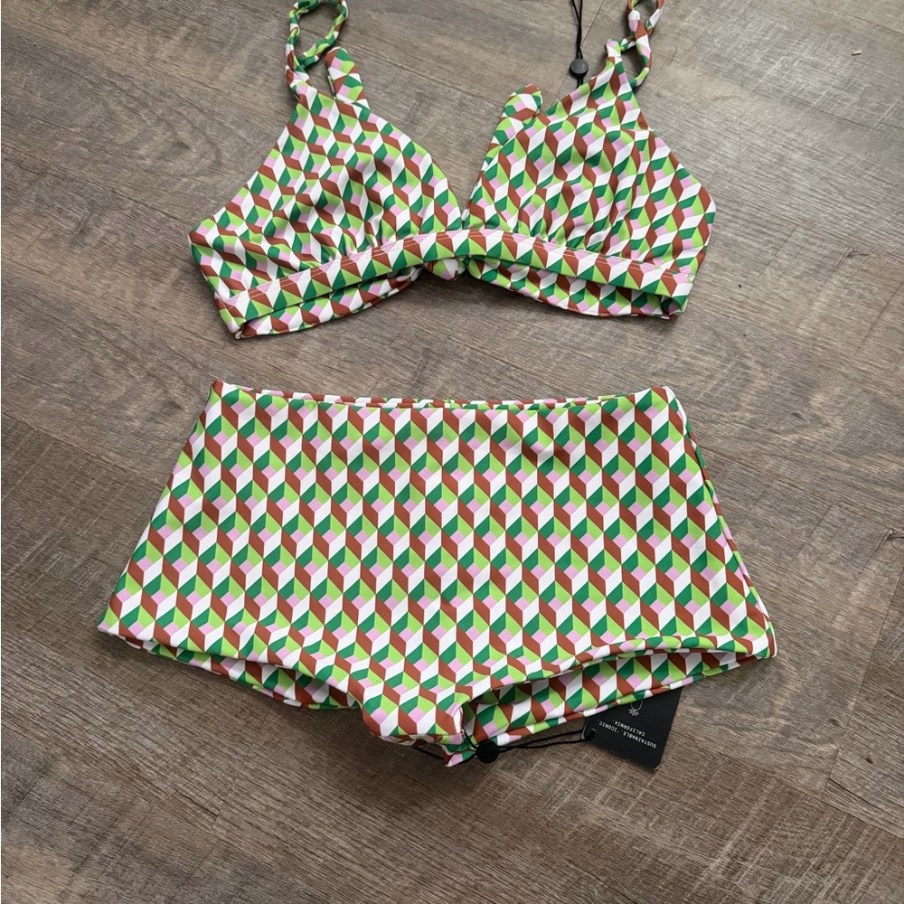 Skatie "South Hampton" Print: Geometric Green and Pink Bikini